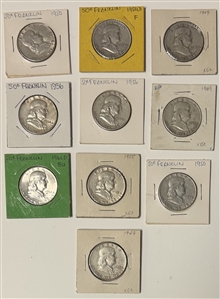 Group of 10 United States Franklin Half Dollars, 1948–1962