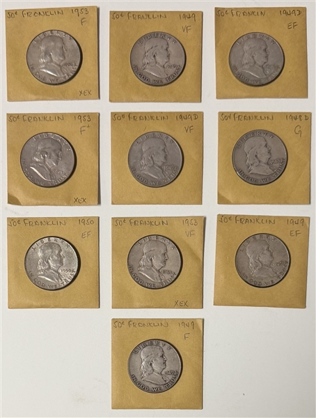 Group of 10 United States Franklin Half Dollars, 1948–1953
