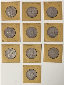 Group of 10 United States Franklin Half Dollars, 1948–1953