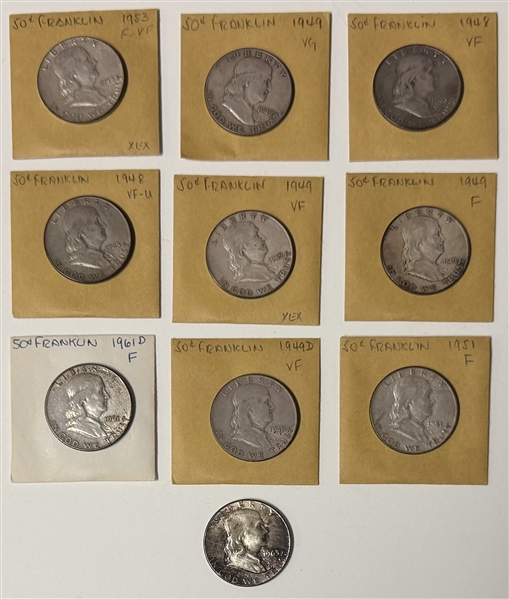Group of 10 United States Franklin Half Dollars, 1948–1963