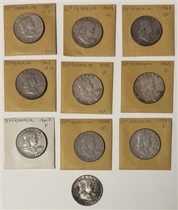 Group of 10 United States Franklin Half Dollars, 1948–1963