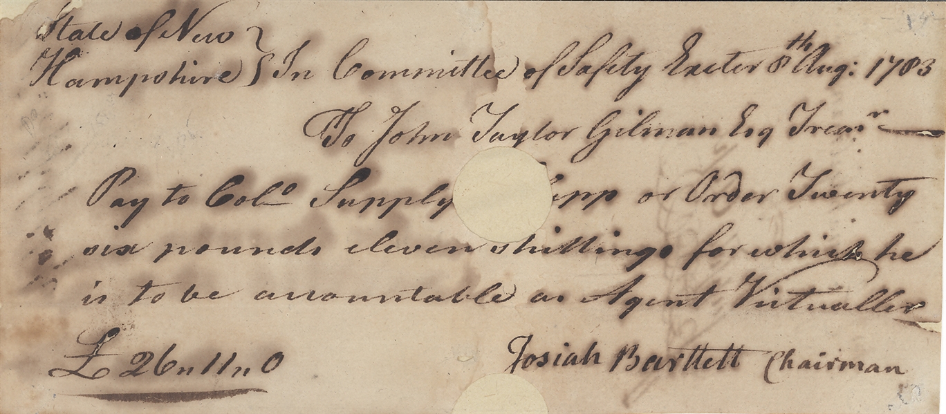 Josiah Bartlett (Signer, Declaration of Independence) — DS as Chairman, New Hampshire Committee of Safety, Military Pay Warrant, Exeter, August 6, 1783