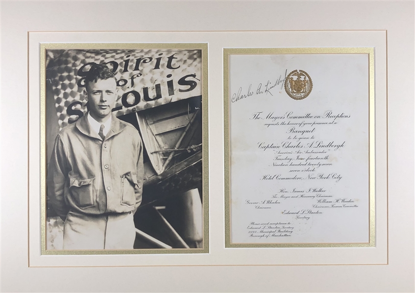 CHARLES LINDBERGH SIGNS HIS NEW YORK CITY MAYORAL BANQUET INVITATION, JUNE 14, 1927 — THREE WEEKS AFTER THE TRANSATLANTIC FLIGHT