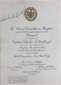 CHARLES LINDBERGH SIGNS HIS NEW YORK CITY MAYORAL BANQUET INVITATION, JUNE 14, 1927 — THREE WEEKS AFTER THE TRANSATLANTIC FLIGHT