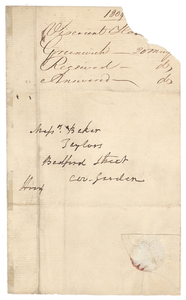 Admiral Samuel Hood, 1st Viscount Hood — Autograph Address Leaf Signed “Hood,” from Crescent House, Greenwich, c. 1800–1810, Nelson’s “Best Officer England Has to Boast Of”