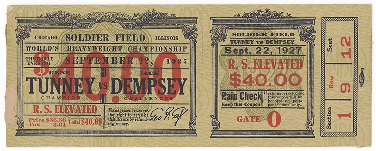 Complete 1927 Tunney-Dempsey Long Count Fight Ticket Signed by George Getz, with 1923 Dempsey-Firpo Dinner Card and Jack Dempsey Signed Photograph
