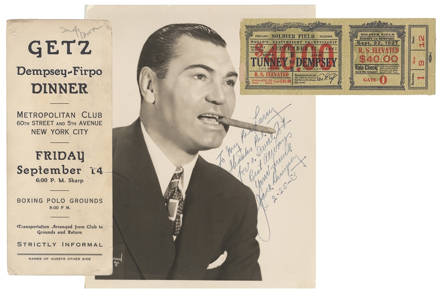 Complete 1927 Tunney-Dempsey "Long Count" Fight Ticket Signed by George Getz, with 1923 Dempsey-Firpo Dinner Card and Jack Dempsey Signed Photograph