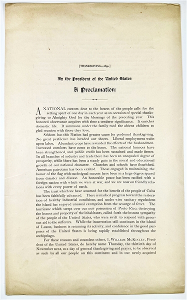 President William McKinley — Official Thanksgiving Proclamation of 1899, Countersigned by Secretary of State John Hay, Referencing Cuba, Puerto Rico, and the Philippine Insurrection