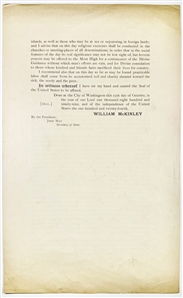 President William McKinley — Official Thanksgiving Proclamation of 1899, Countersigned by Secretary of State John Hay, Referencing Cuba, Puerto Rico, and the Philippine Insurrection